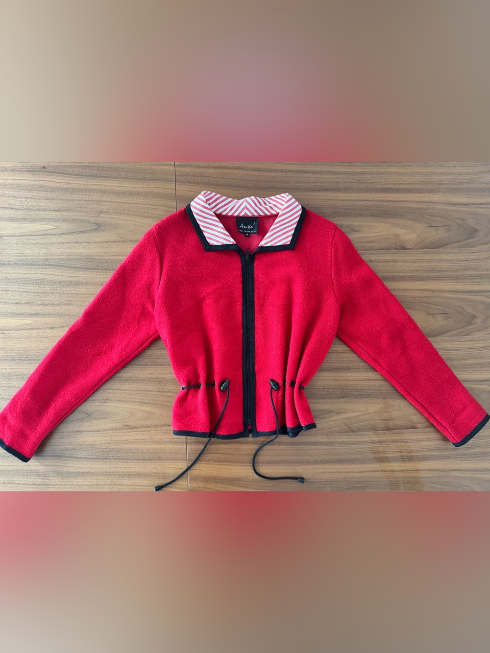 Vintage 80s 90s Aniko San Francisco Red Boiled Wool Jacket Striped Collar M/S